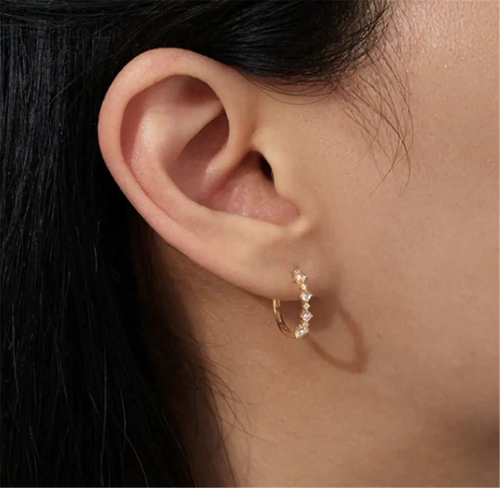14K Yellow Gold Rose Cut White Sapphire Single Huggie Hoop Earring by Aurelie Gi