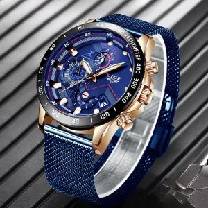 2019 New LIGE Blue Casual Mesh Belt Fashion Quartz Gold Watch