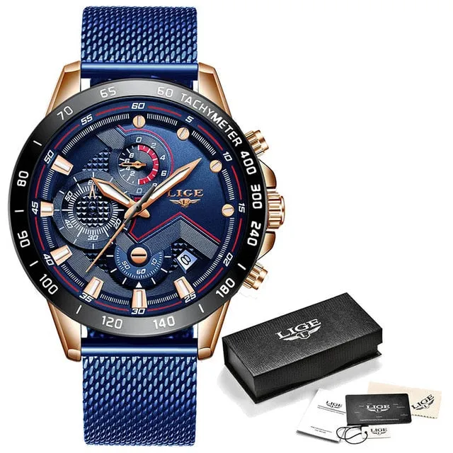 2019 New LIGE Blue Casual Mesh Belt Fashion Quartz Gold Watch