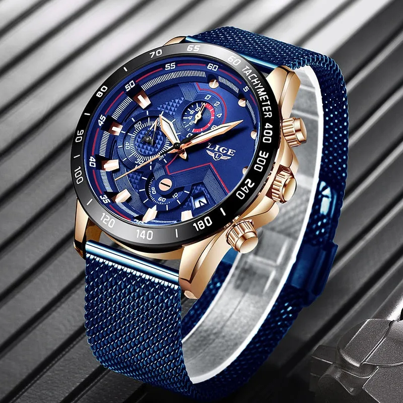 2019 New LIGE Blue Casual Mesh Belt Fashion Quartz Gold Watch
