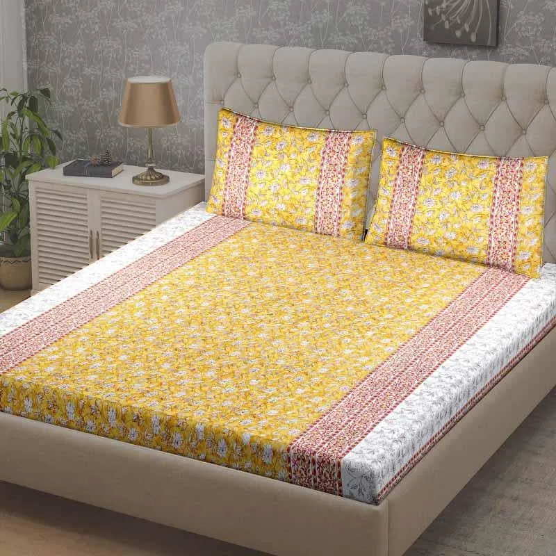 Artifact Floral Printed Bedsheet - Yellow
