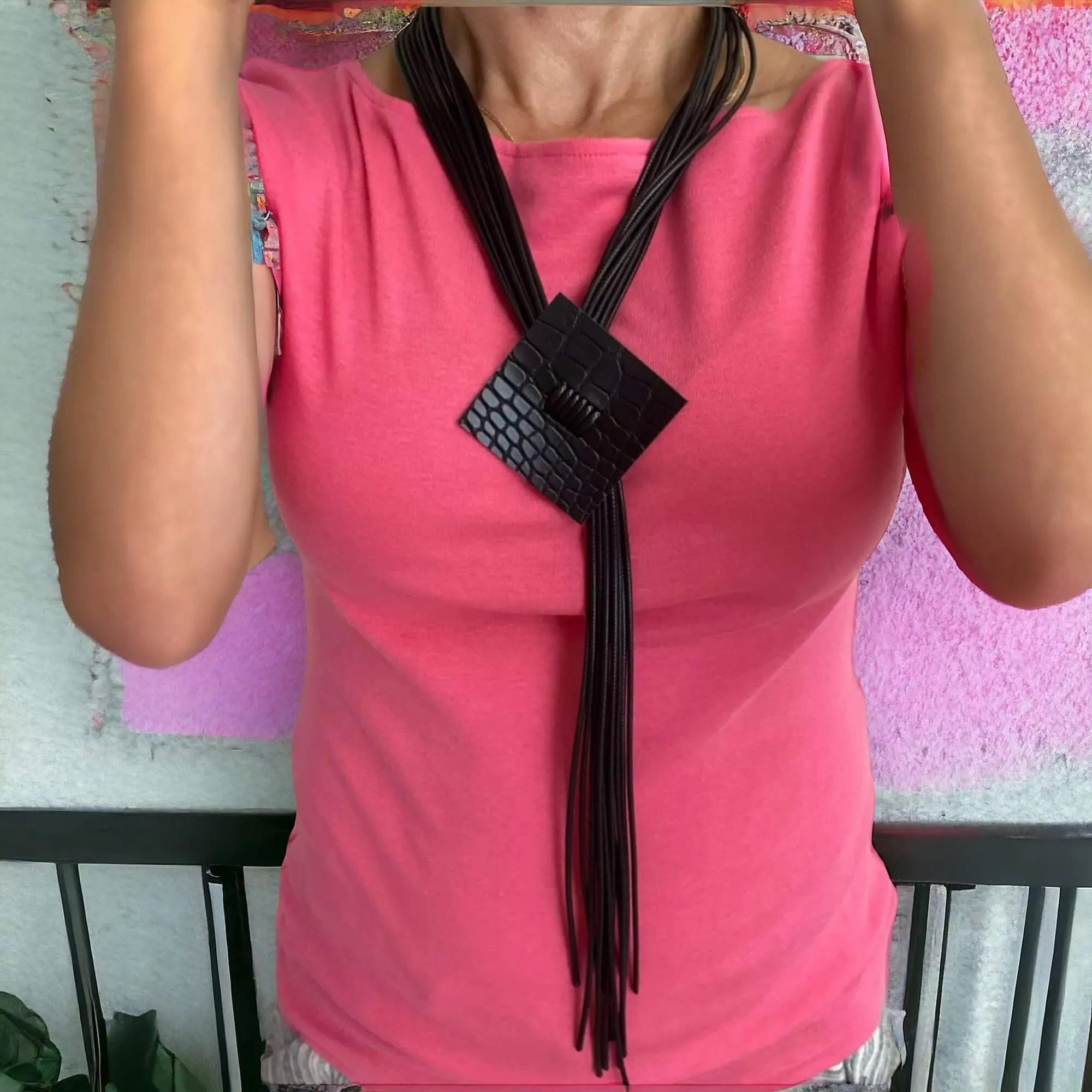 Black Leather Tassel Statement Necklace