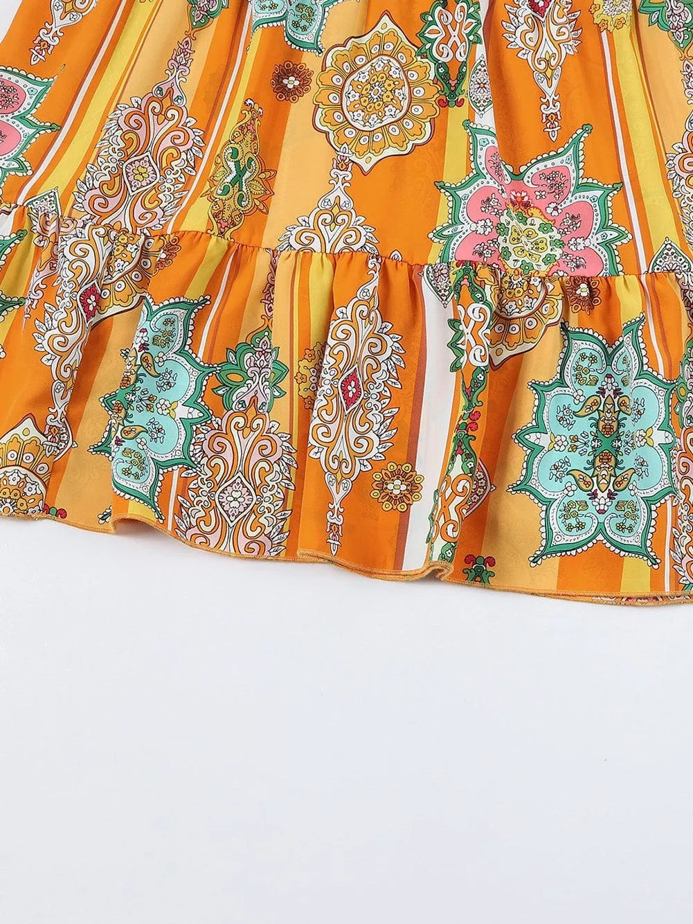 Bohemian Orange Geometric Print V Neck Mini Dress with Button Detail