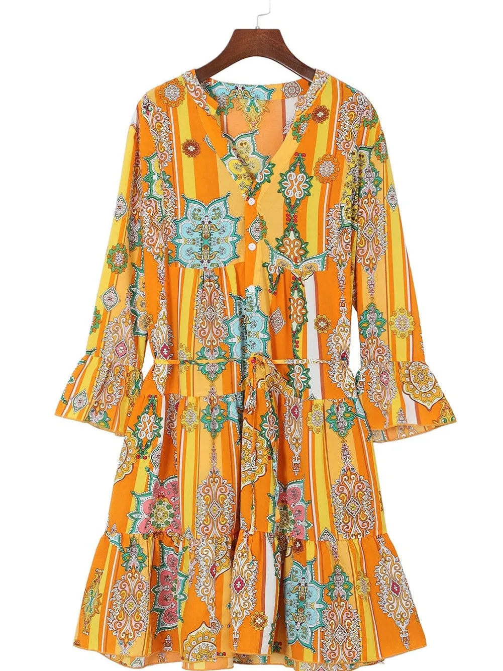 Bohemian Orange Geometric Print V Neck Mini Dress with Button Detail