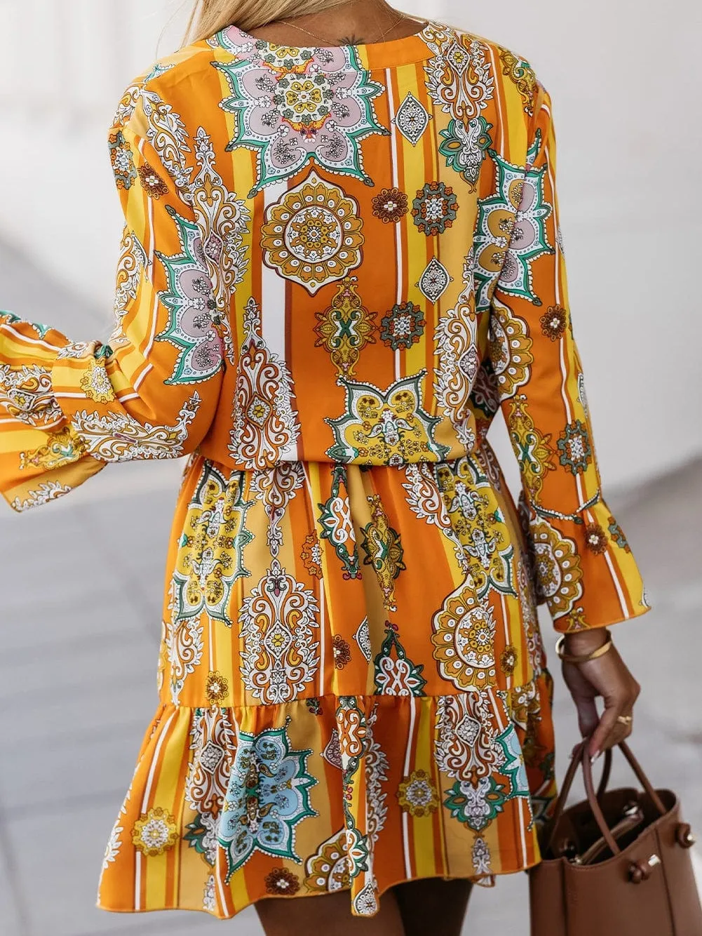 Bohemian Orange Geometric Print V Neck Mini Dress with Button Detail
