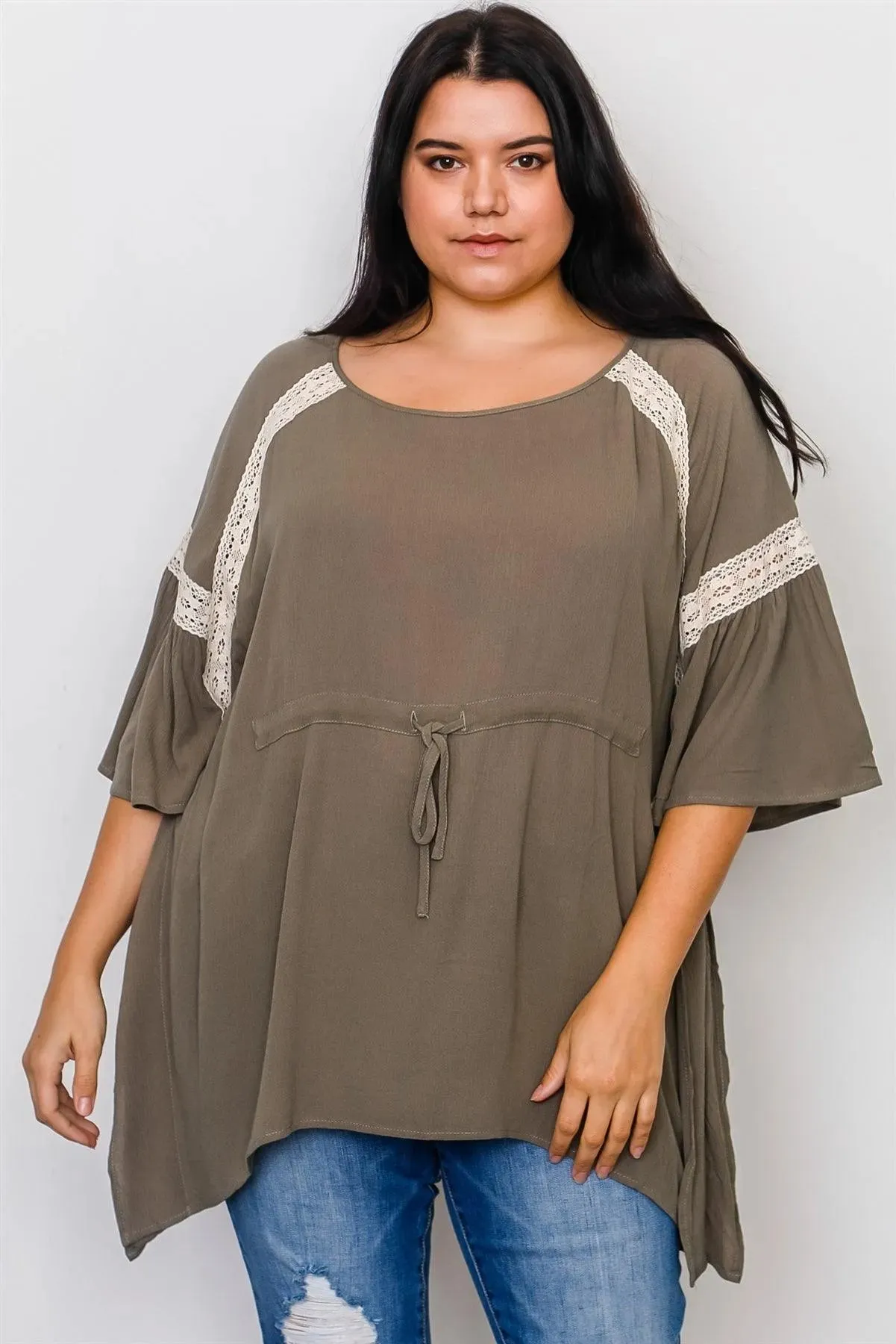 Boho Plus Size Olive Drawstring Waist Crochet Trim Top /2-2-2