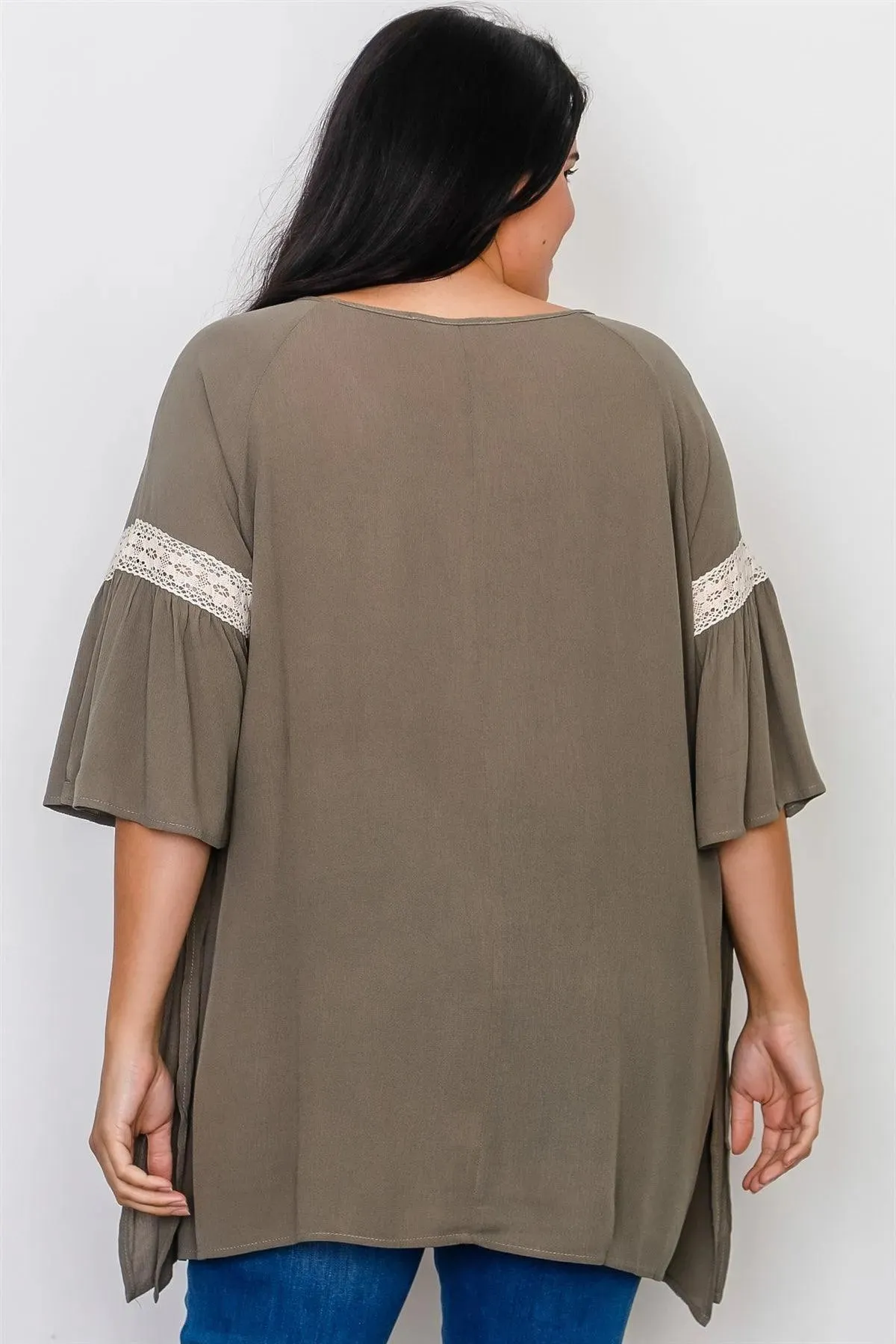 Boho Plus Size Olive Drawstring Waist Crochet Trim Top /2-2-2