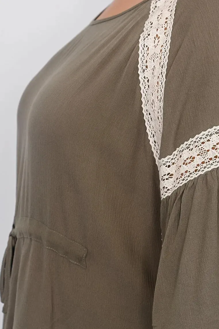 Boho Plus Size Olive Drawstring Waist Crochet Trim Top /2-2-2