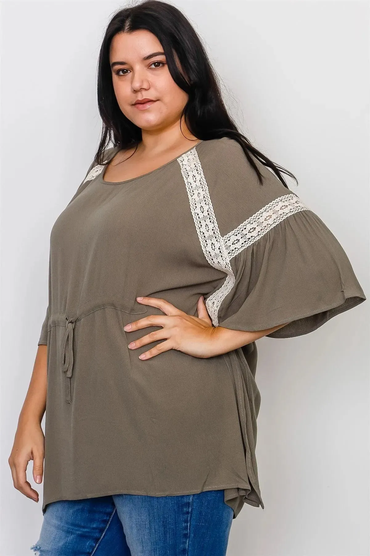 Boho Plus Size Olive Drawstring Waist Crochet Trim Top /2-2-2