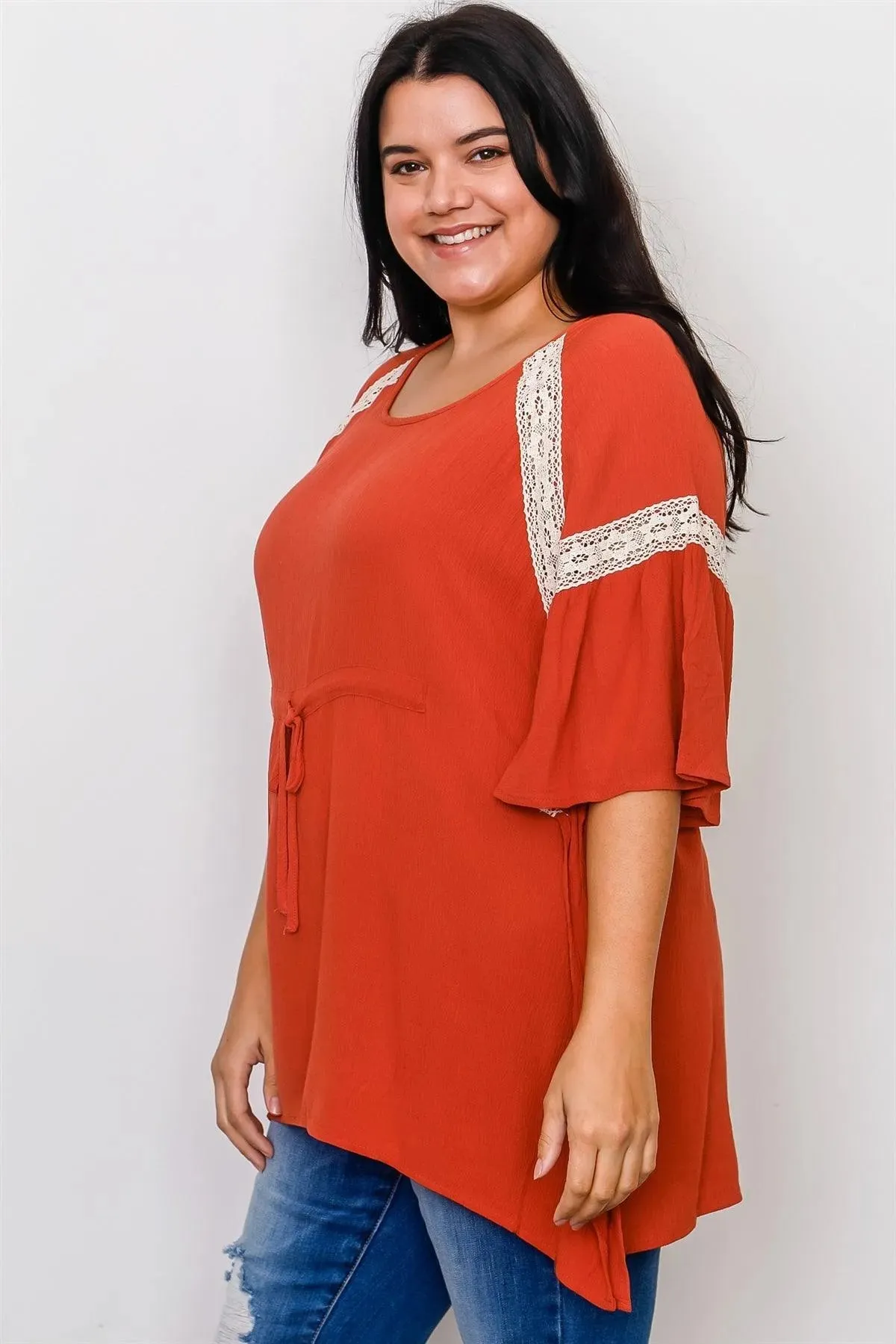 Boho Plus Size Rust Drawstring Waist Crochet Trim Top /2-2-2