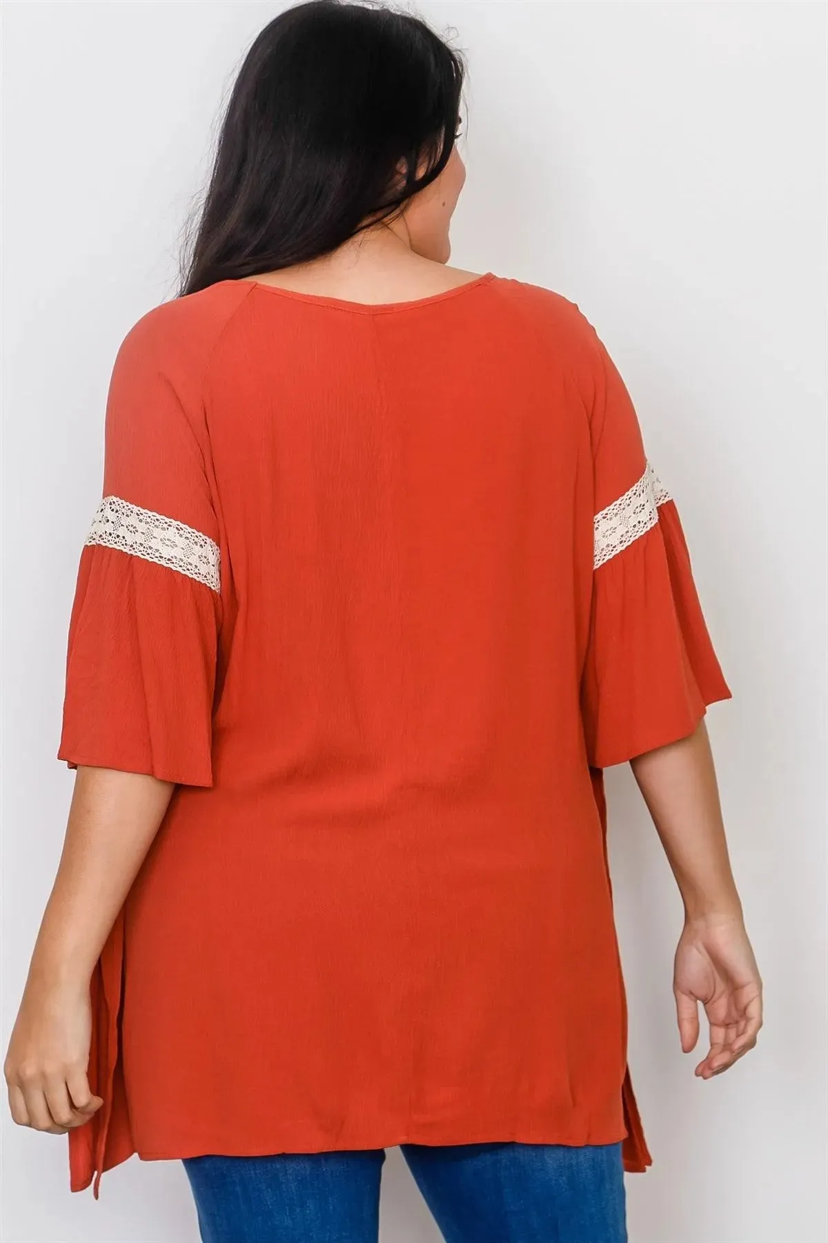 Boho Plus Size Rust Drawstring Waist Crochet Trim Top /2-2-2