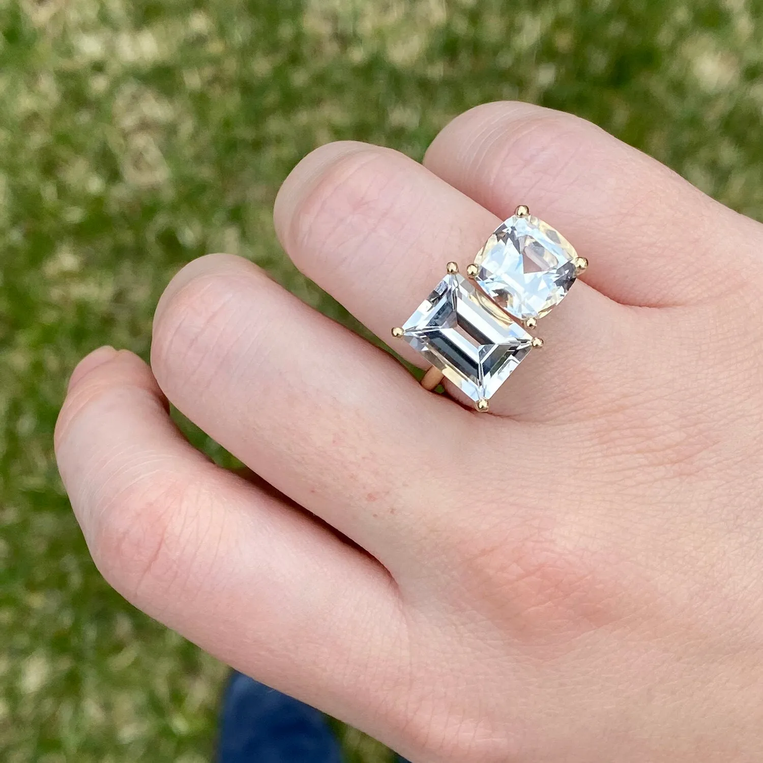 Bold 2-Stone Ring with White Topaz Cushion & Baguette