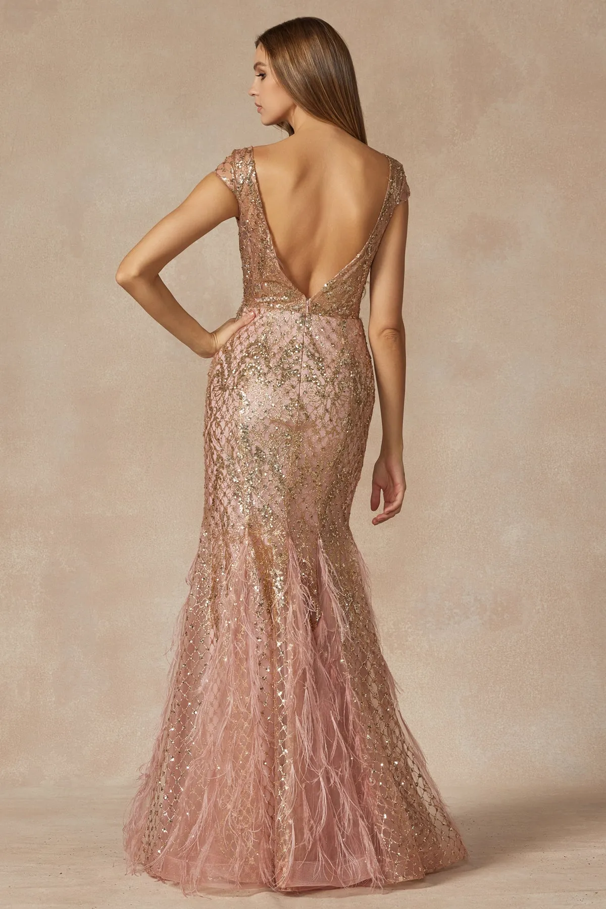 Cap Sleeves Illusion V-Neck Embellished Sequin Open V-Back Long Prom Dress