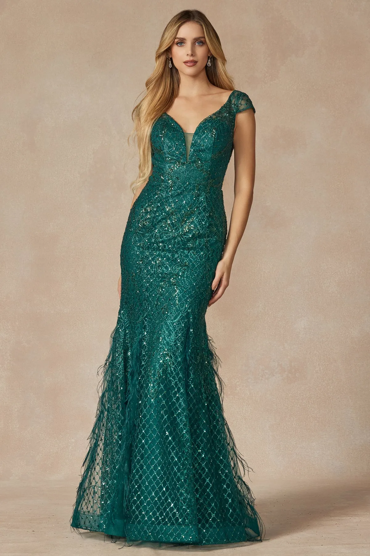 Cap Sleeves Illusion V-Neck Embellished Sequin Open V-Back Long Prom Dress