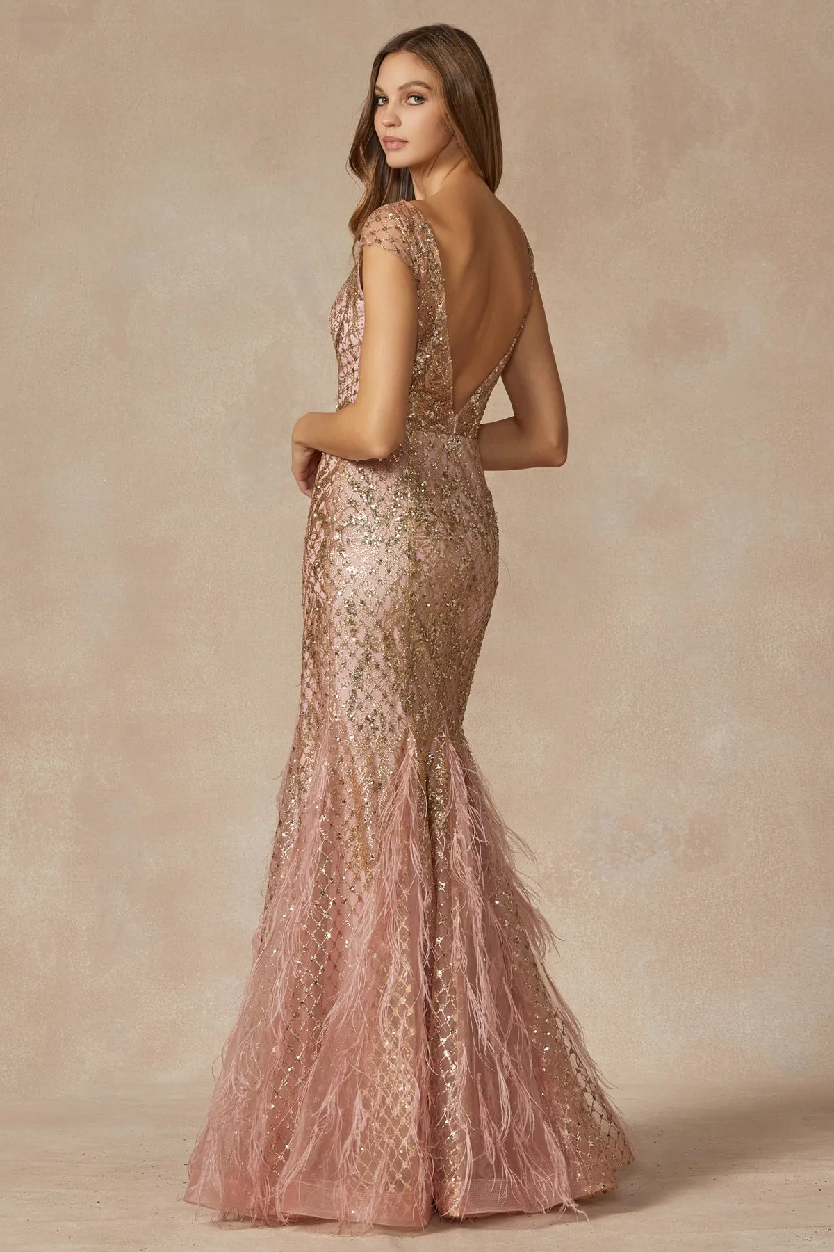 Cap Sleeves Illusion V-Neck Embellished Sequin Open V-Back Long Prom Dress