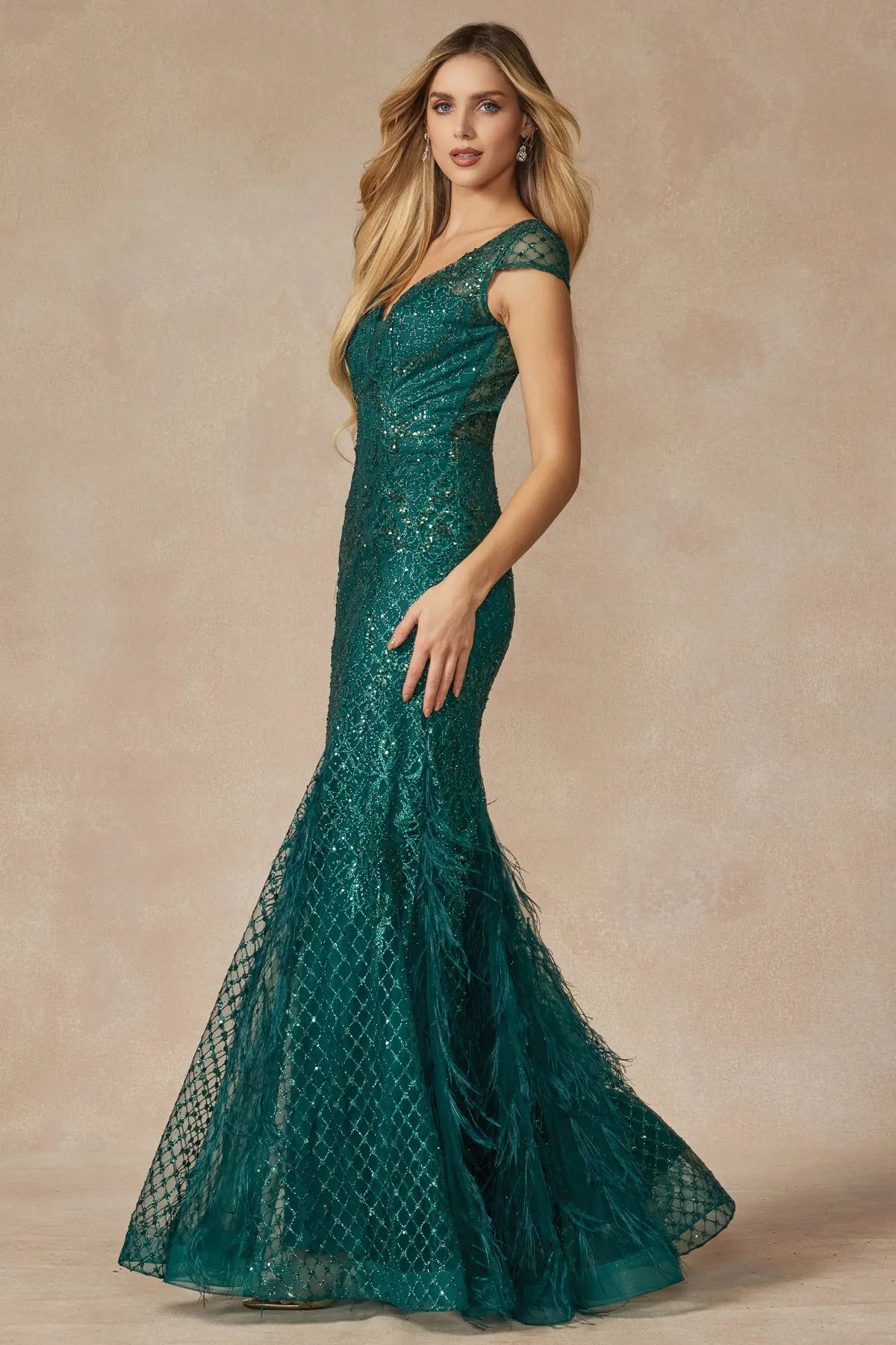 Cap Sleeves Illusion V-Neck Embellished Sequin Open V-Back Long Prom Dress