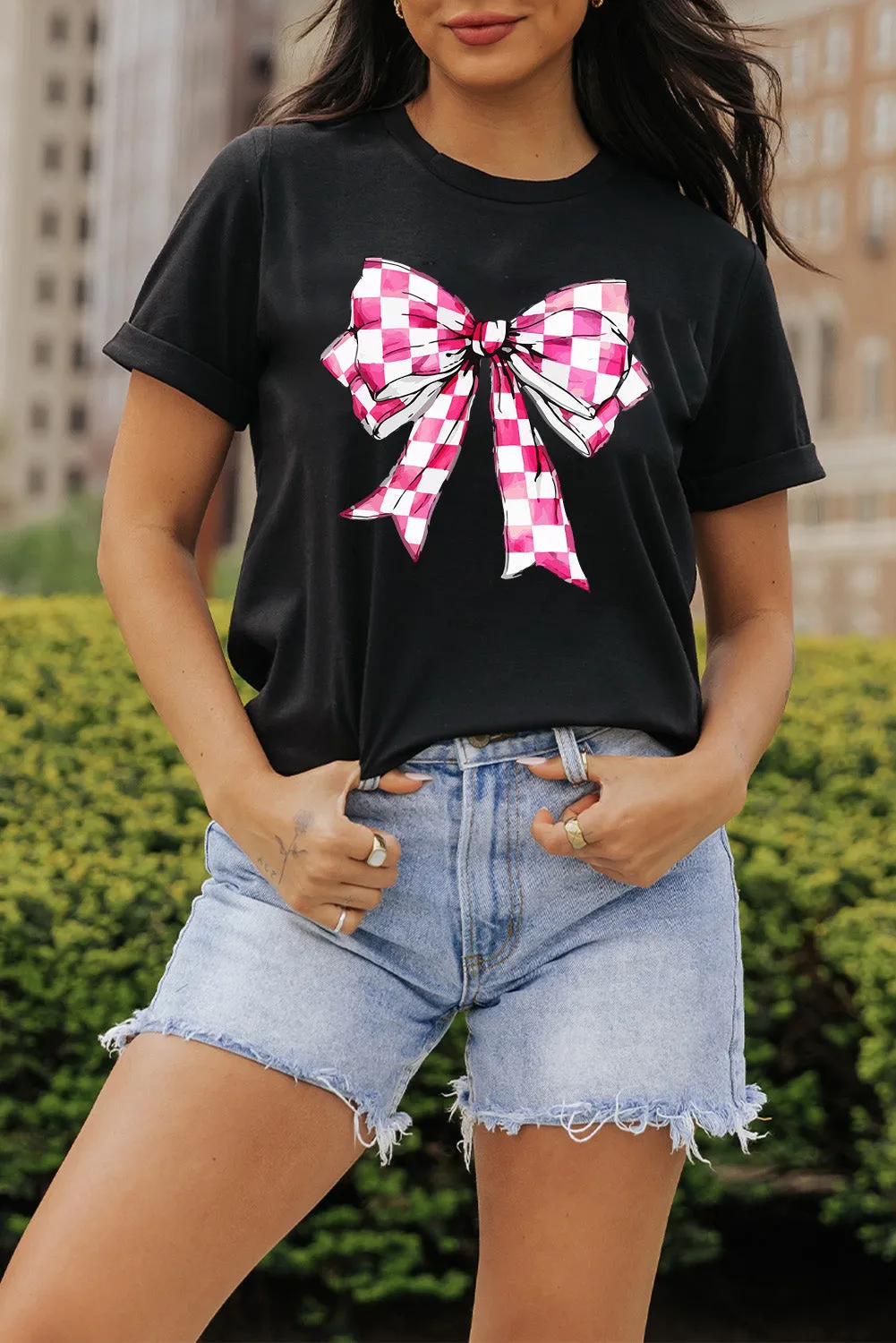 Checkerboard Bowknot Graphic Crewneck T-Shirt