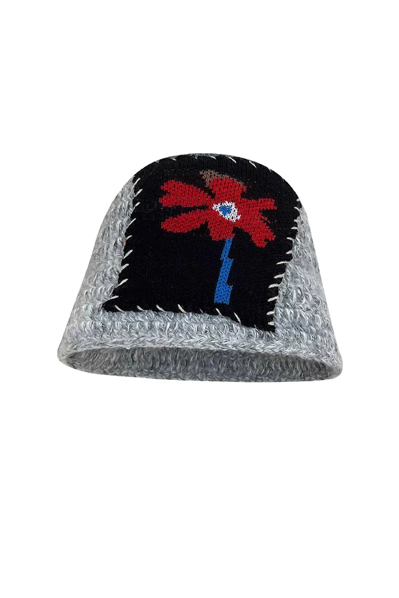 Cozy Knit Colorblock Bucket Hat with Embellished Patch