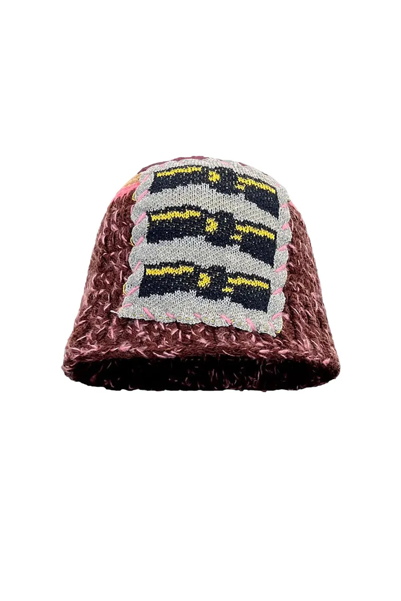 Cozy Knit Colorblock Bucket Hat with Embellished Patch