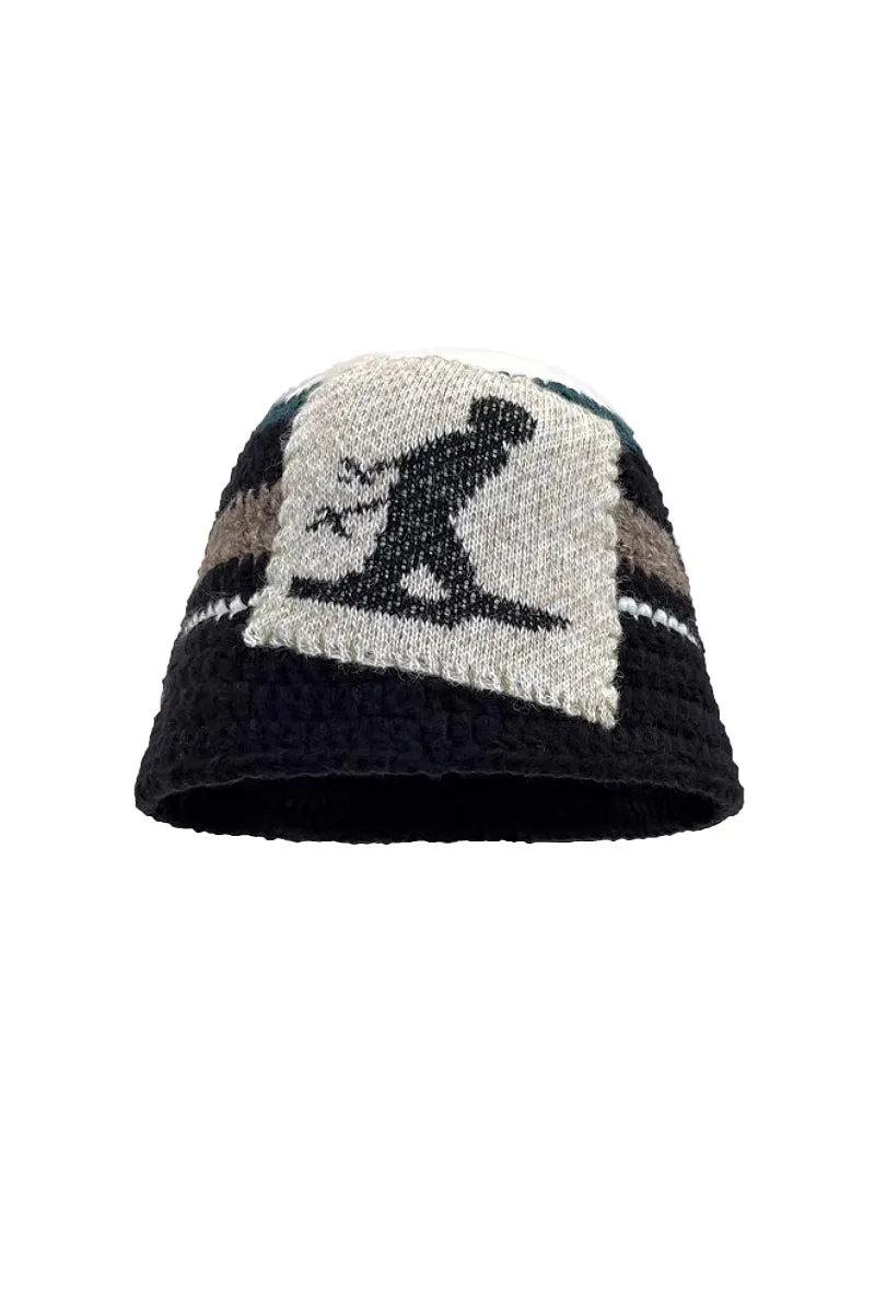 Cozy Knit Colorblock Bucket Hat with Embellished Patch