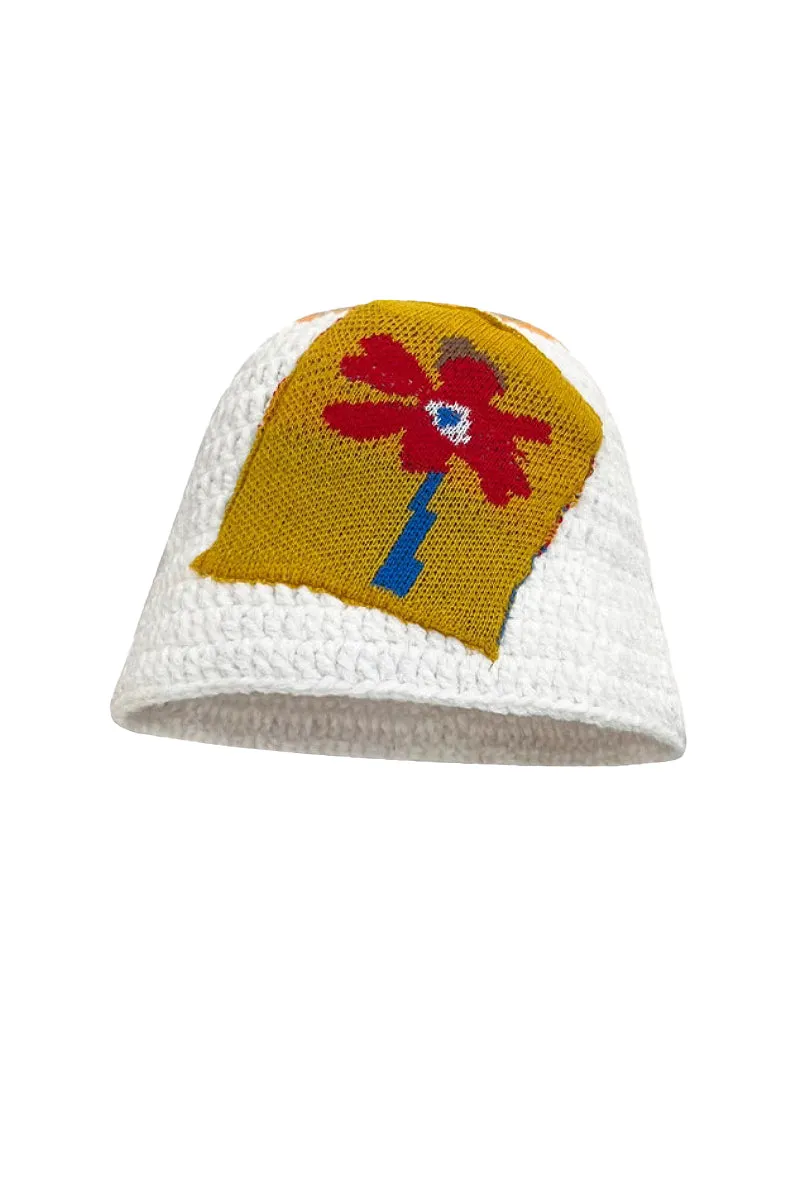 Cozy Knit Colorblock Bucket Hat with Embellished Patch