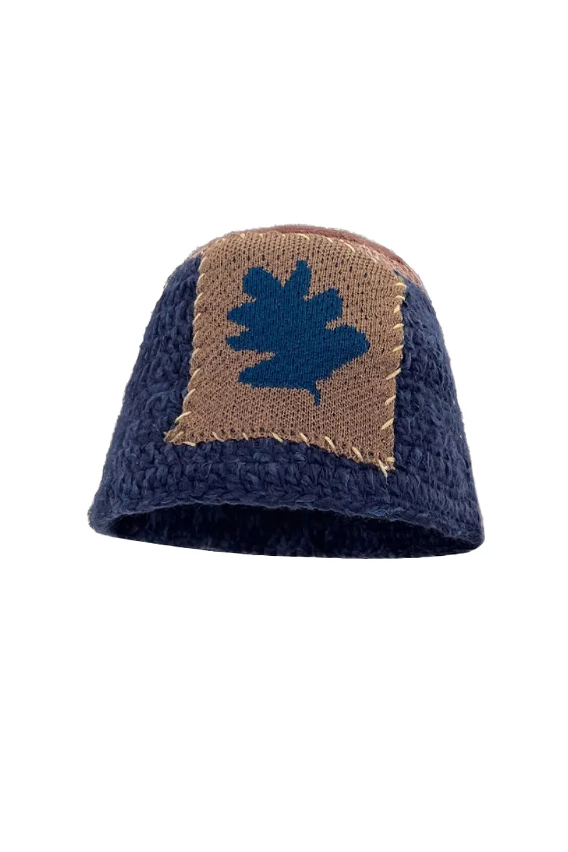 Cozy Knit Colorblock Bucket Hat with Embellished Patch