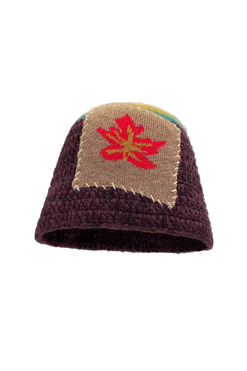Cozy Knit Colorblock Bucket Hat with Embellished Patch