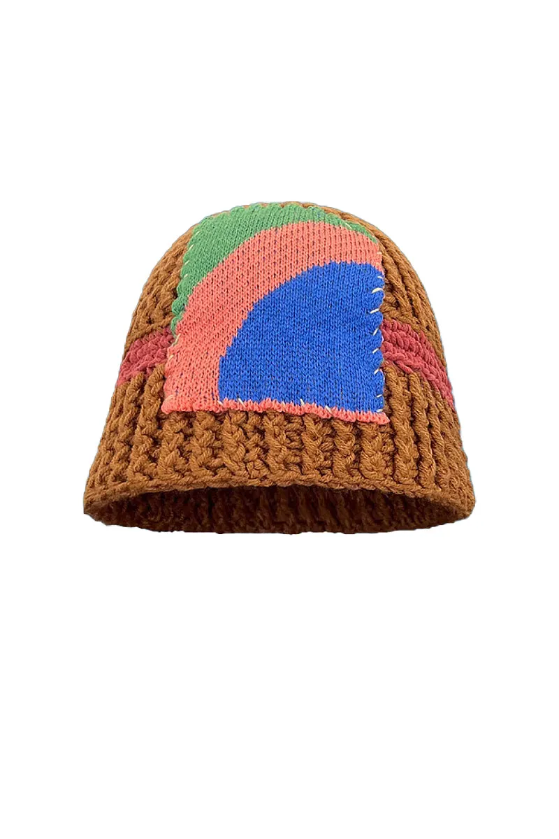 Cozy Knit Colorblock Bucket Hat with Embellished Patch