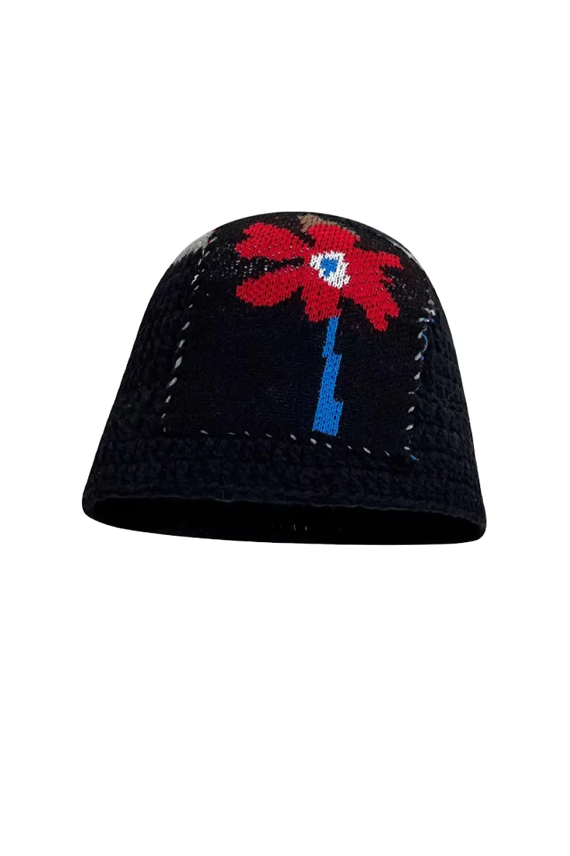 Cozy Knit Colorblock Bucket Hat with Embellished Patch