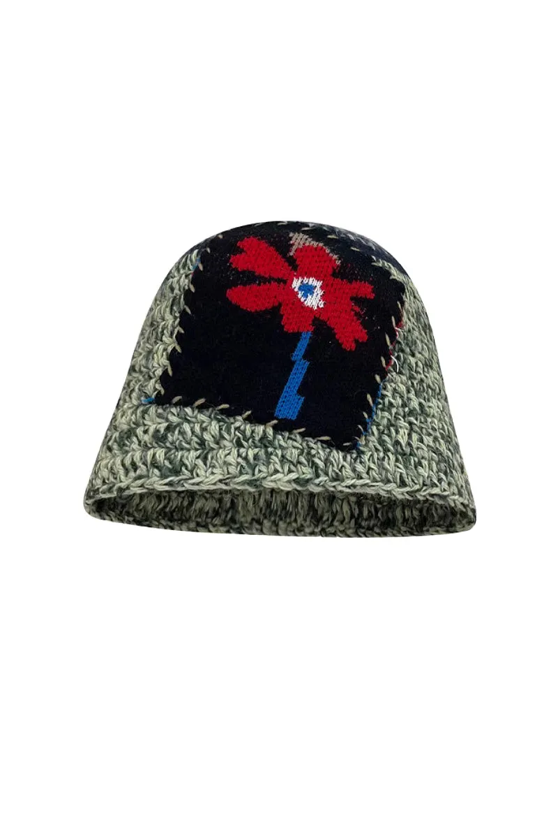 Cozy Knit Colorblock Bucket Hat with Embellished Patch