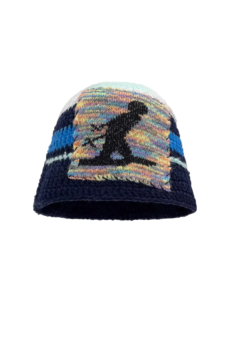 Cozy Knit Colorblock Bucket Hat with Embellished Patch