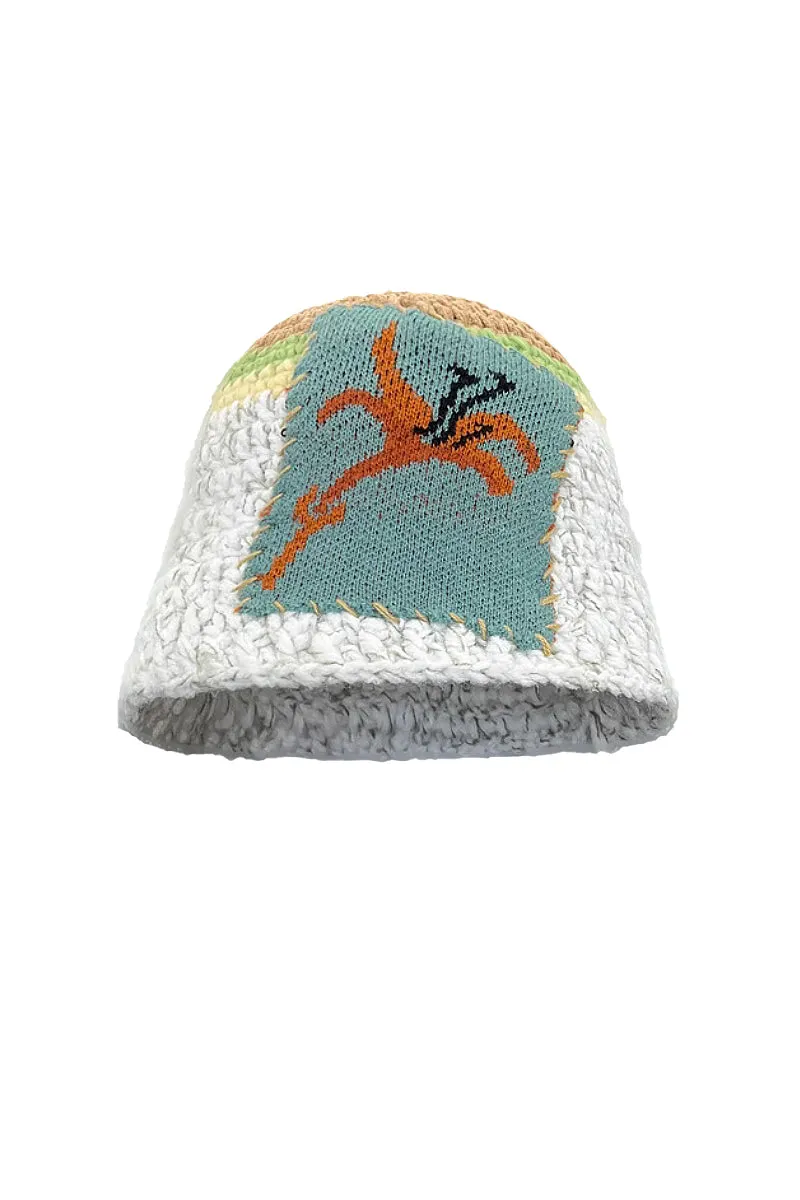 Cozy Knit Colorblock Bucket Hat with Embellished Patch
