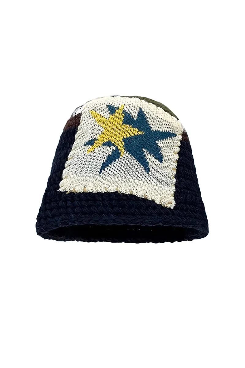 Cozy Knit Colorblock Bucket Hat with Embellished Patch