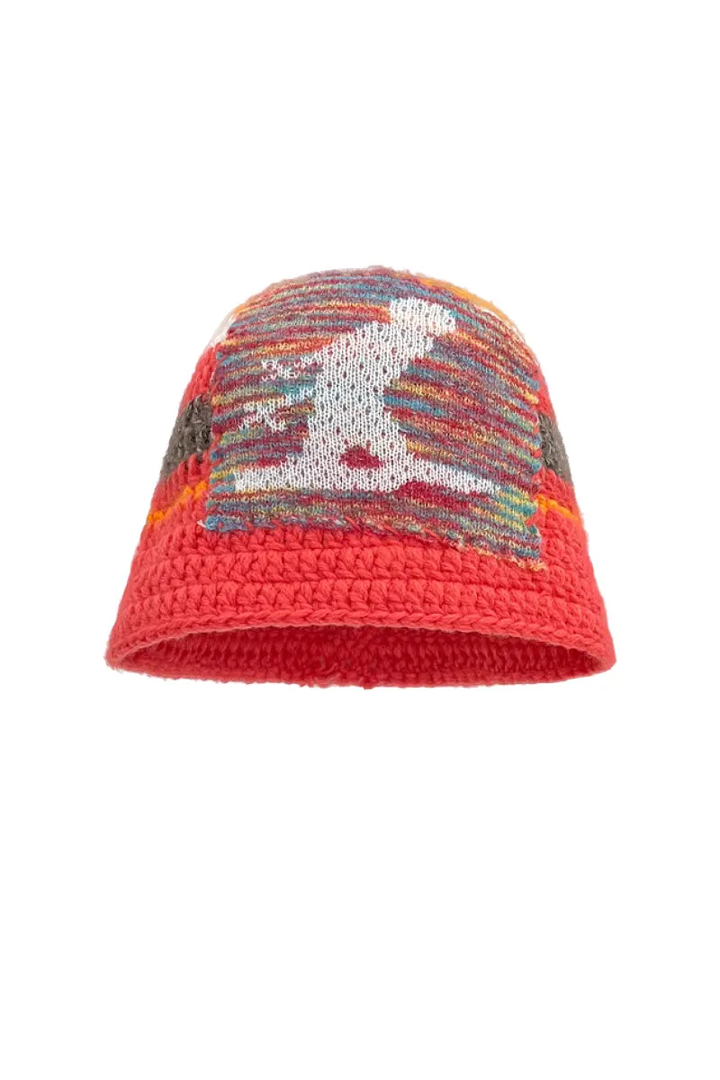 Cozy Knit Colorblock Bucket Hat with Embellished Patch