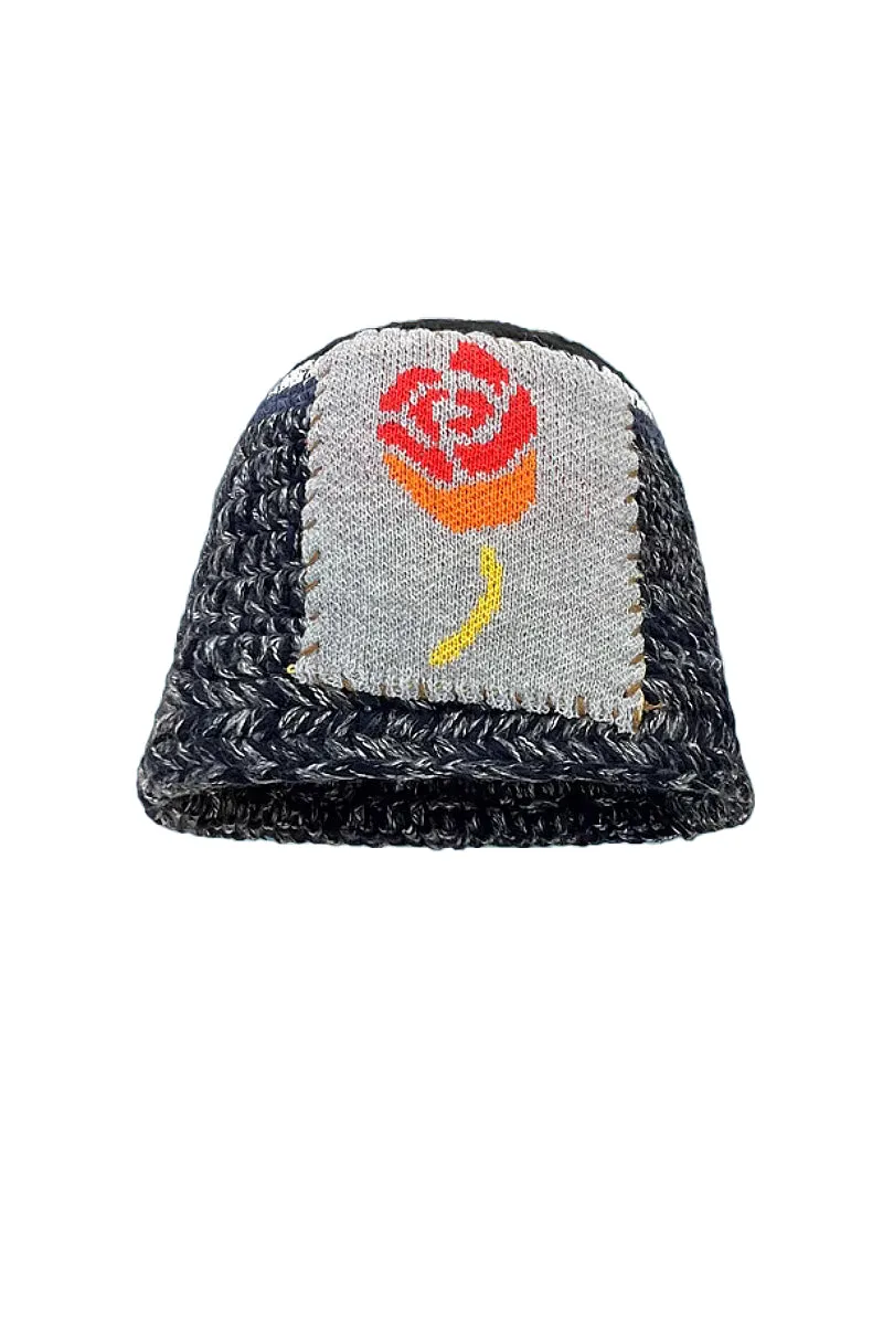 Cozy Knit Colorblock Bucket Hat with Embellished Patch
