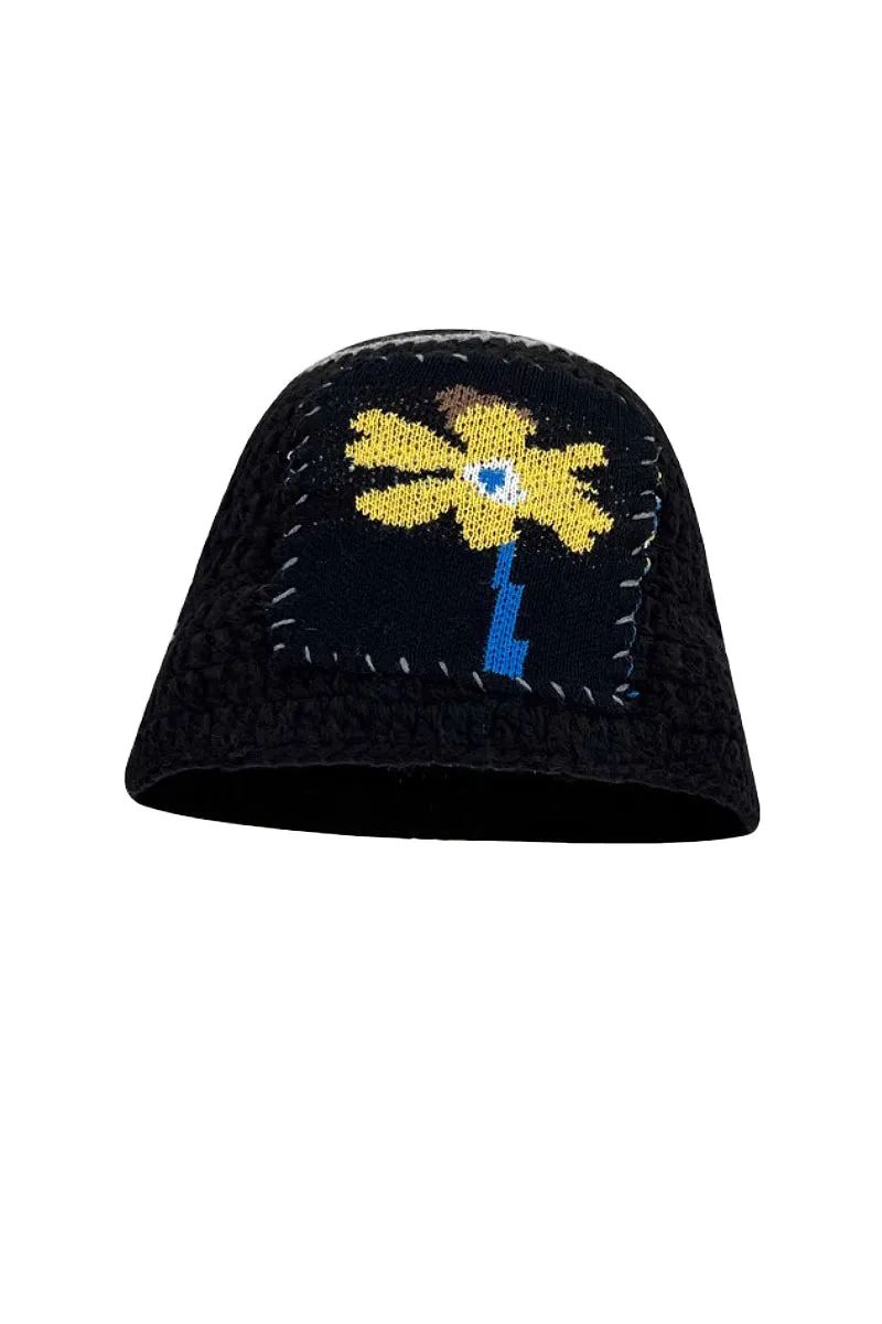 Cozy Knit Colorblock Bucket Hat with Embellished Patch