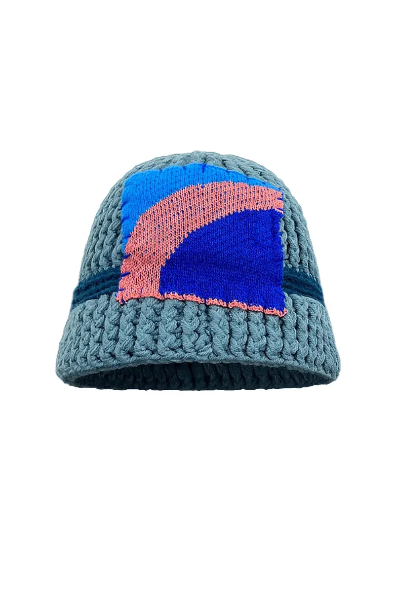 Cozy Knit Colorblock Bucket Hat with Embellished Patch