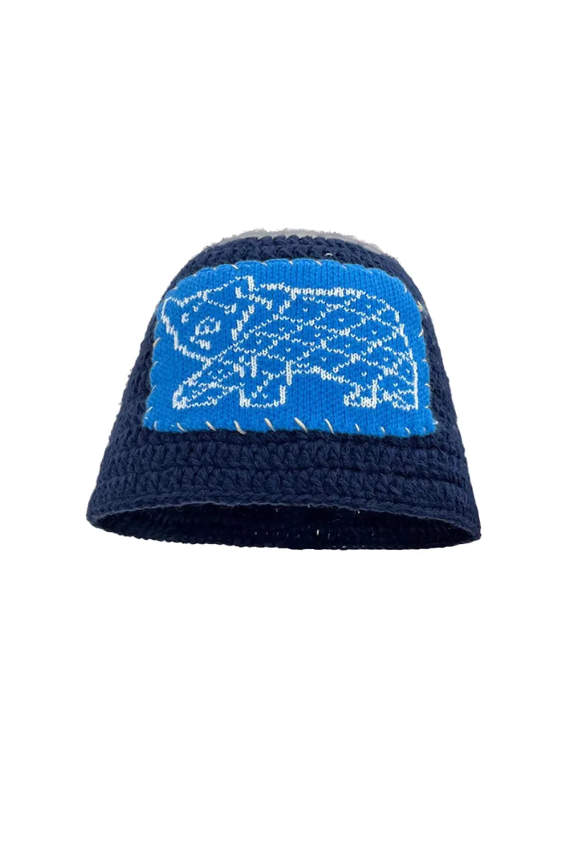 Cozy Knit Colorblock Bucket Hat with Embellished Patch