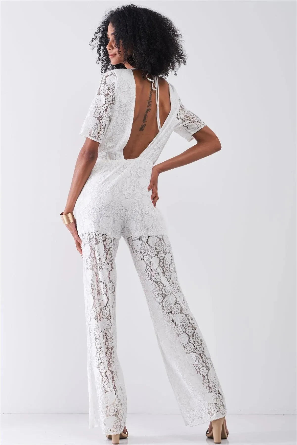 Delicate White Sheer Lace Crochet Semi-Sheer Self-Tie Neck Open Back Detail Wide Leg Jumpsuit
