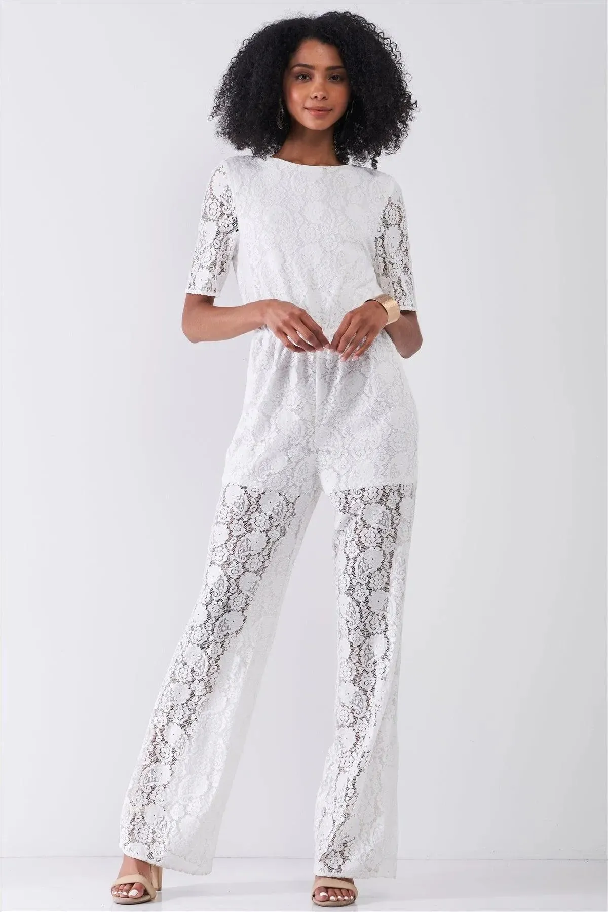 Delicate White Sheer Lace Crochet Semi-Sheer Self-Tie Neck Open Back Detail Wide Leg Jumpsuit
