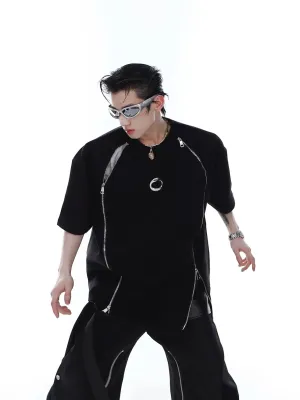 Double-Zip Split Short-Sleeve T-Shirt with Shoulder Pads & Metallic Print