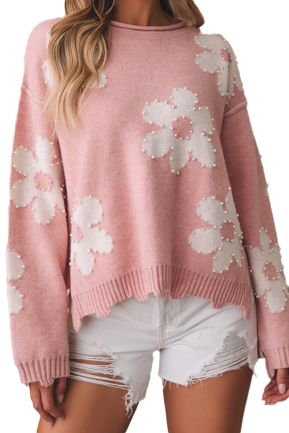 Floral Pearl Drop Shoulder Sweater