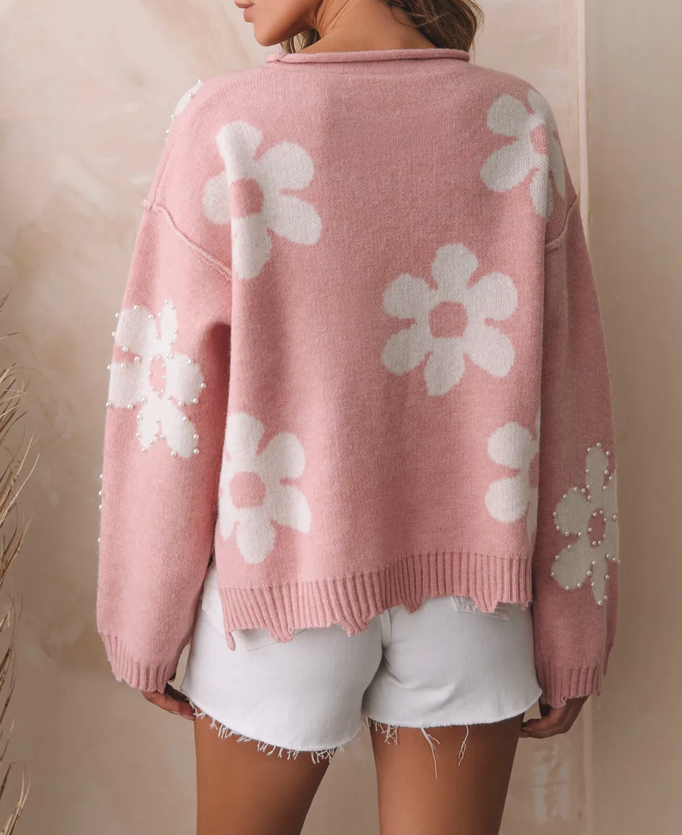 Floral Pearl Drop Shoulder Sweater