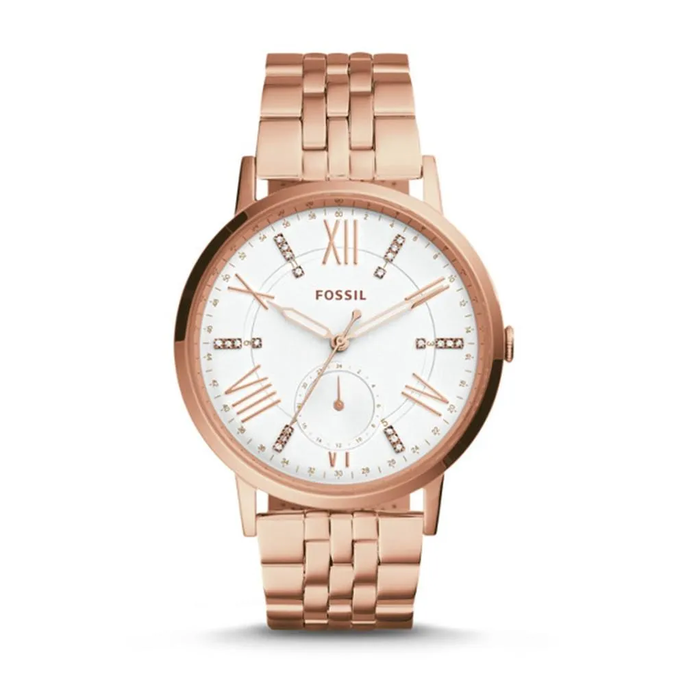 Fossil Gazer Multifunction Mens Rose Gold-Tone Stainless Steel Band Silver Dial Watch - ES4246