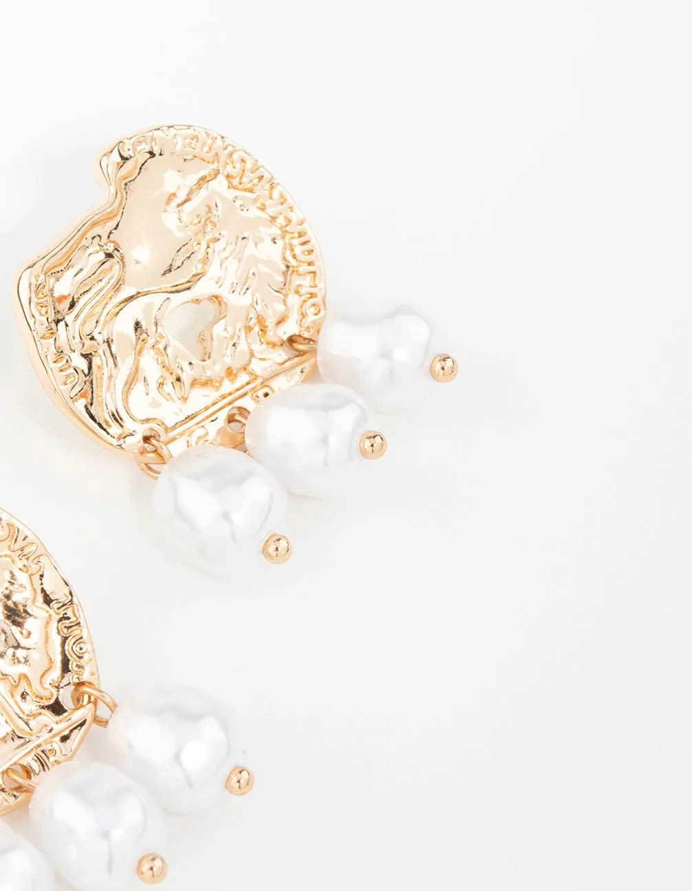 Gold Hammered Coin & Pearl Drop Earrings