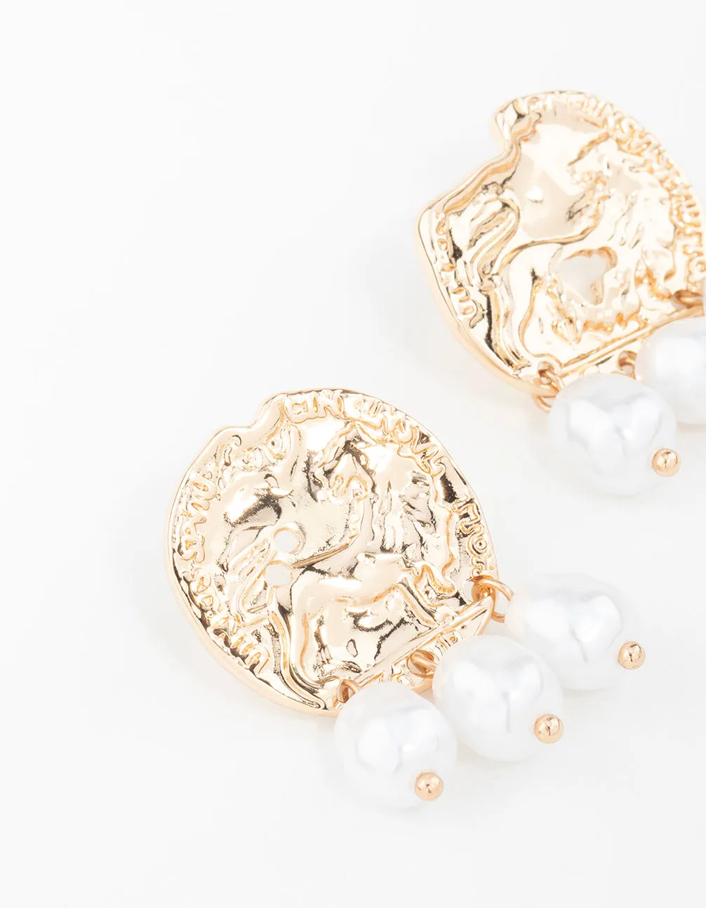 Gold Hammered Coin & Pearl Drop Earrings