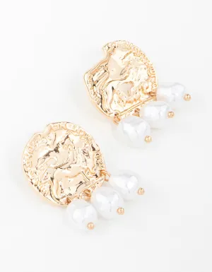 Gold Hammered Coin & Pearl Drop Earrings