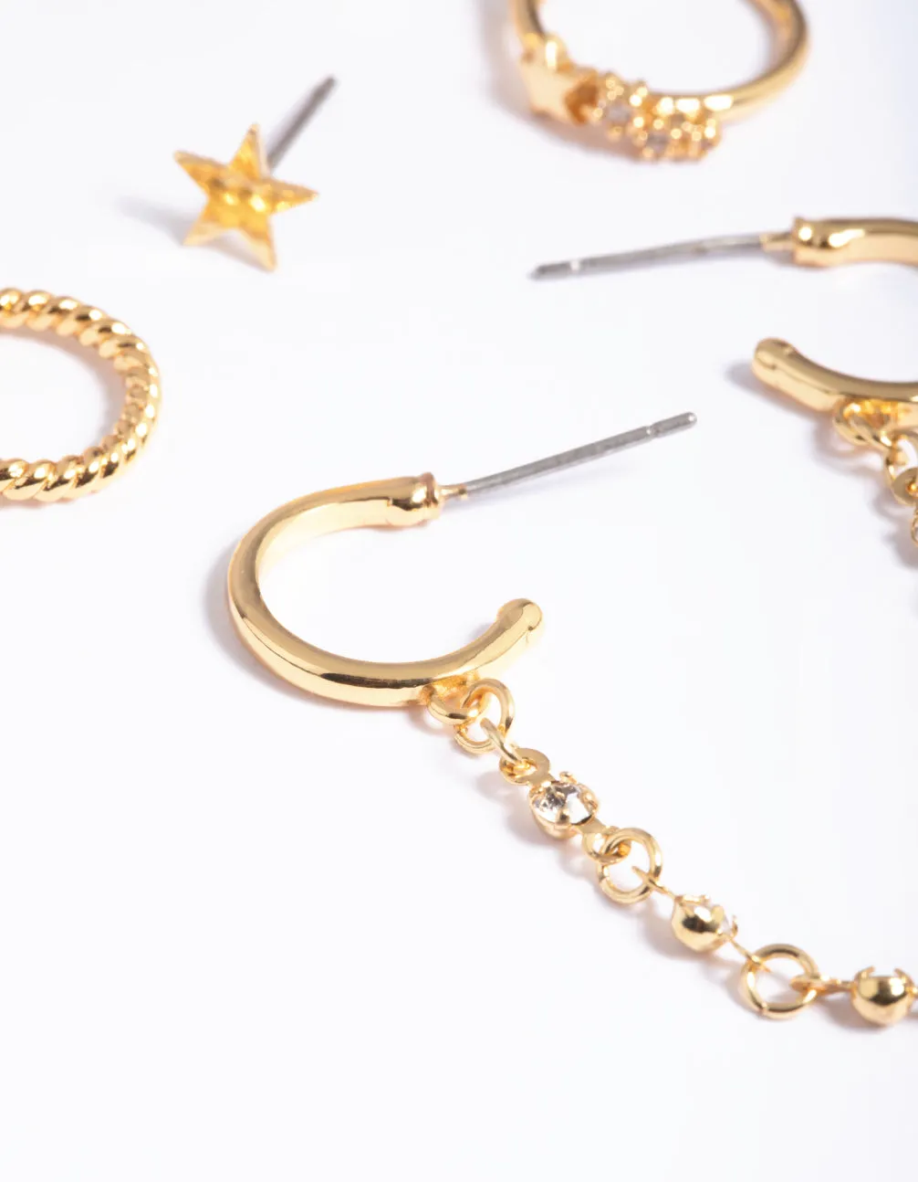Gold Plated Brass Cubic Zirconia Chain Earring Stack 6-Pack