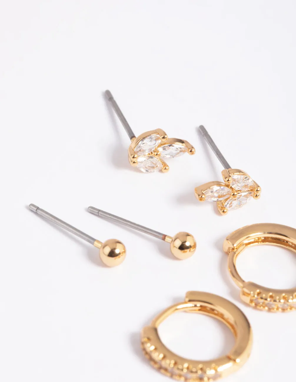 Gold Plated Brass Cubic Zirconia Leaf Earring Stack 6-Pack