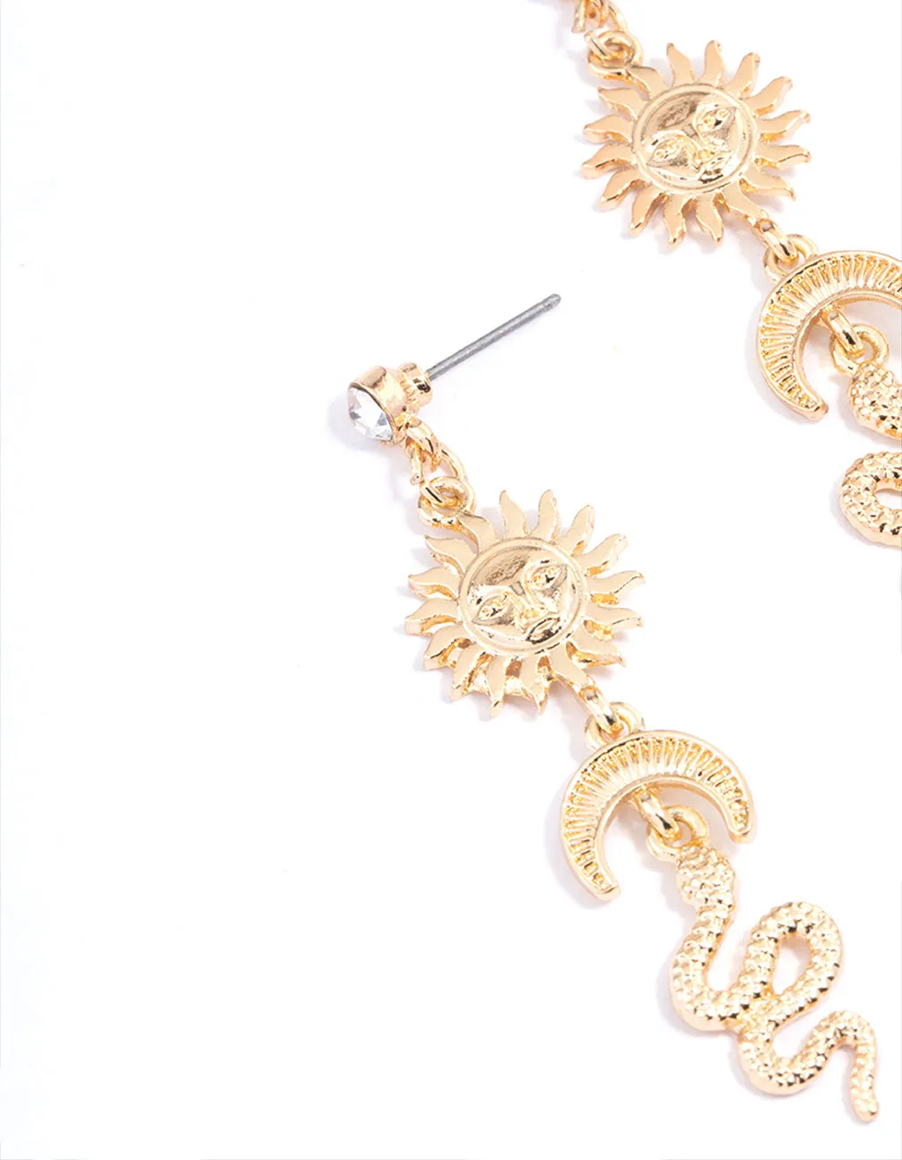 Gold Sun Moon Snake Drop Earrings